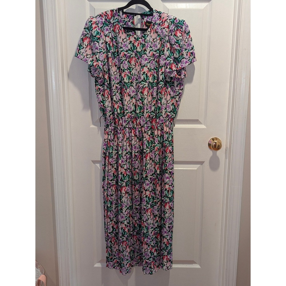Vintage 80s Floral Midi‎ Dress Cottagecore Abstract Print USA L XL Elastic Waist